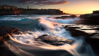  a wave is crashing on the rocks near the shore at sunset.  generative ai