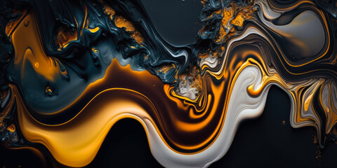 an abstract fluid art background made out of gold and ink, generative ai