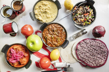 Mexican food recipe set with cochinita pibil stew, beef alamabre, lots of fruits, sauces and wheat tortillas