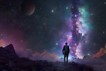 Naklejka premium a backpacker of the cosmos comes upon the stars colliding, Generative AI