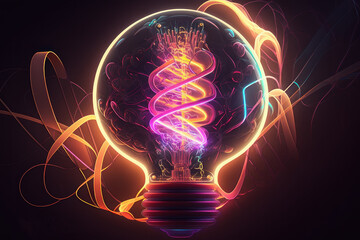 Light bulb on a black background, neon light. AI generative.