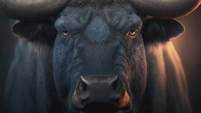 The fierce face of the black bull with the strong eyes  AI generated