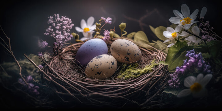 a colorful easter nest with easter eggs, generative ai
