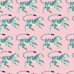 Seamless pattern with hand drawn exotic big cat tiger, in light blue, on vibrant pink background. Colorful flat vector illustration