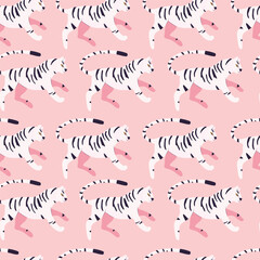 Seamless pattern with hand drawn exotic big cat white tiger, on bright pink background. Colorful flat vector illustration