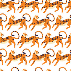 Seamless pattern with hand drawn exotic big cat tiger, on cream background. Colorful flat vector illustration