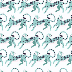 Seamless pattern with hand drawn exotic big cat tiger, in light blue, on cream background. Colorful flat vector illustration