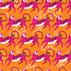 Seamless pattern with hand drawn exotic big cat tiger, in bright pink on vibrant orange background. Colorful flat vector illustration