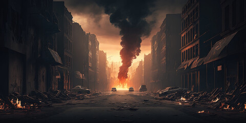 a destroyed city street in flames, generative ai - 579846475