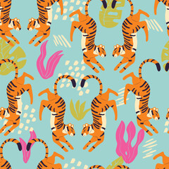 Fototapeta na wymiar Seamless pattern with hand drawn exotic big cat tiger, with tropical plants and abstract elements on light blue background. Colorful flat vector illustration