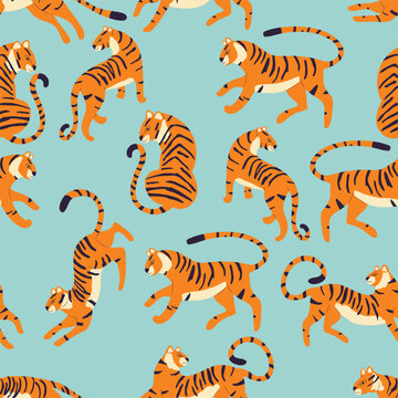 Seamless pattern with hand drawn exotic big cat tiger, on light blue background. Colorful flat vector illustration