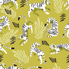 Fototapeta na wymiar Seamless pattern with hand drawn exotic big cat white tiger, with tropical plants and abstract elements on light green background. Colorful flat vector illustration