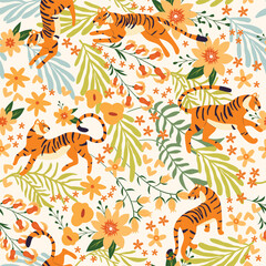 Fototapeta na wymiar Seamless pattern with hand drawn exotic big cat tiger, with tropical plants, flowers and abstract elements on white background. Colorful flat vector illustration