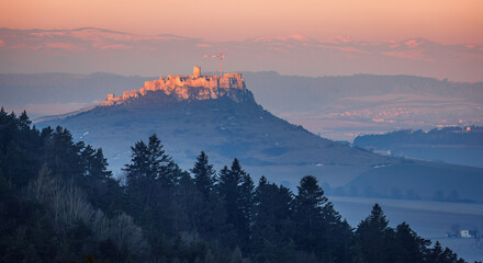 The ruins of the Spis Castle in eastern Slovakia at sunrise.