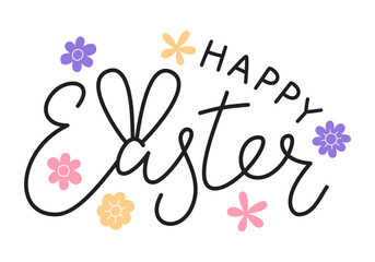 Happy Easter lettering with flowers and bunny ears