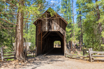 Wawona historic covered bridge in Yosemite National Park, in the Pioneer Yosemite History Center.