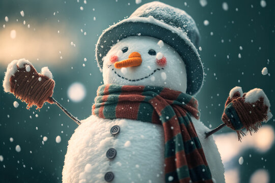 a happy snowman in winter landscape, generative ai