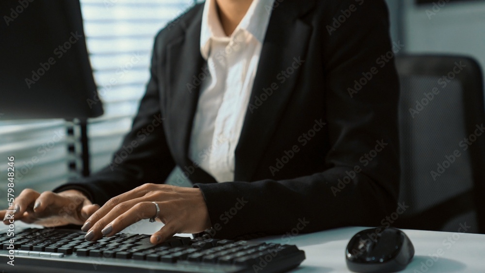 Aufkleber competent female operator working on computer and talking with clients. concept relevant to both cal