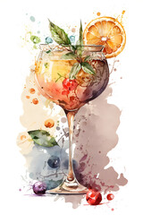 Classic exotic cocktail glass. Watercolor illustration, Generative ai.