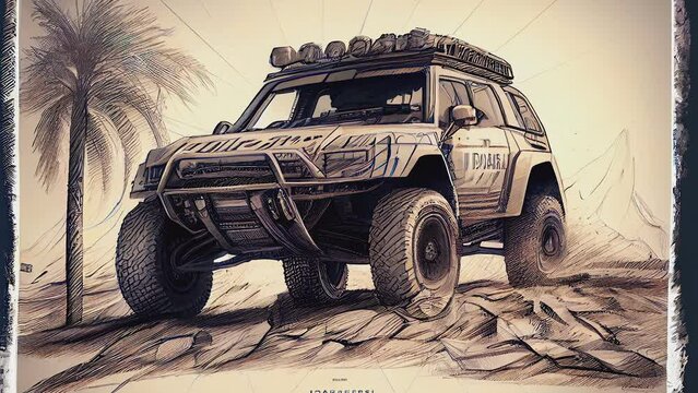 The illustration of the 4x4 car on the road on an old brown book page AI generated