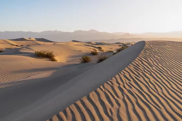Foto op Plexiglas Scenic view on natural ripple sand pattern during sunrise at Mesquite Flat Sand Dunes, Death Valley National Park, California, USA. Morning walk in Mojave desert with Amargosa Mountain Range in back © Chris