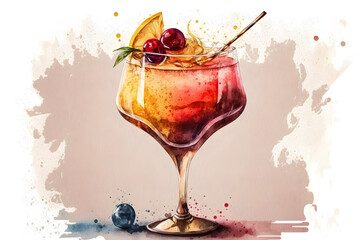 Classic exotic cocktail glass. Watercolor illustration, Generative ai.