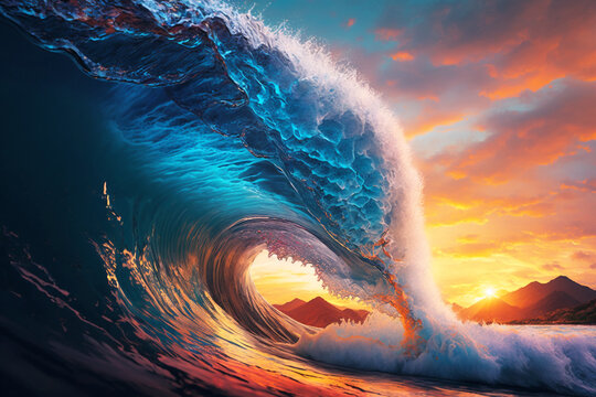 Beautiful Realistic Big Ocean Wave at Sunset Illustration, Clear Water in Tropical Sea Background, Generative AI