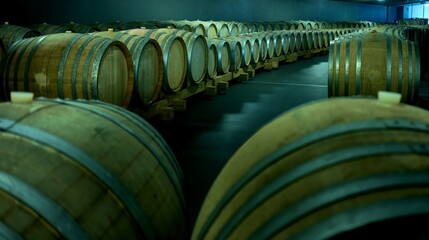 Wooden barrels in modern wine cellar. Wine making, winery.