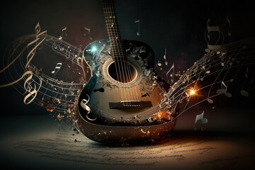Naklejka na ściany i meble Festive background with guitar and musical notes. Illustration AI Generative
