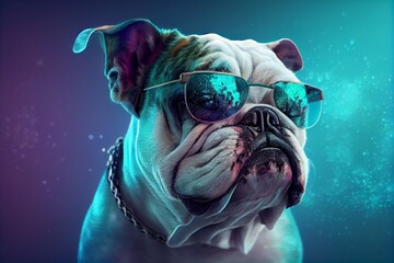 A cool bulldog with sunglasses on blurred background. Generative AI, Generative, AI