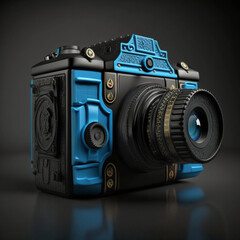 a professional Photo camera, with a nice black and blue background, realistic photo, illustration, generative AI