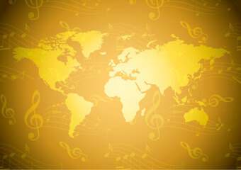 golden vector background with wavy music notes and light yellow world map