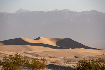 Scenic view on natural ripple sand pattern during sunrise at Mesquite Flat Sand Dunes, Death Valley...