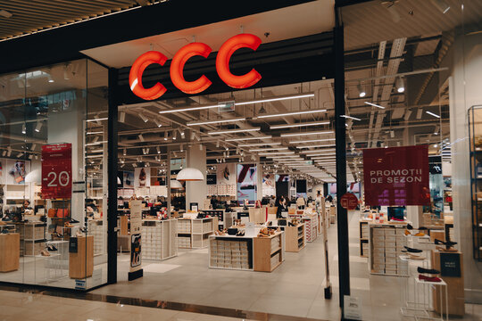 Sibiu, Romania - May, 2 2022: CCC shoes and bags store front in Promenada Mall, one of the biggest shopping centers in Sibiu.