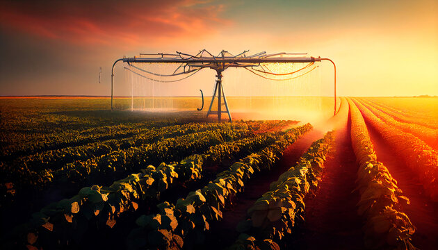 Irrigation System On Agricultural Soybean Field, Rain Gun Sprinkler On Helps To Grow Plants In The Dry Season, Increases Crop Yields. Landscape Beautiful Sunset. Generative AI