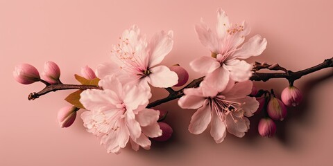 Fototapeta na wymiar Pink cherry blossom Sakura branch on rose color background wallpaper. Spring blossom. Pastel.
