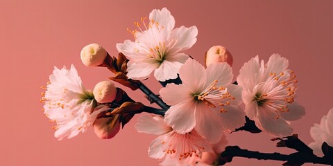 Obraz na płótnie Canvas Pink cherry blossom Sakura branch on rose color background wallpaper. Spring blossom. Pastel.