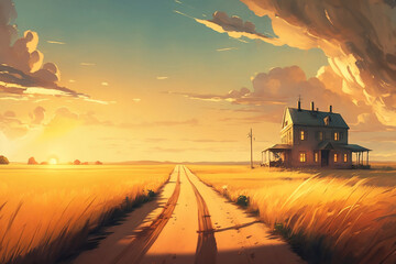 HOUSE IN THE MIDDLE OF A WHEAT FIELD DIGITAL ART