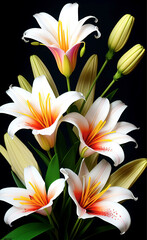 bouquet of white lilies on a dark background, bright digital illustration, postcard, background