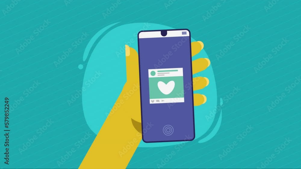 Poster hand using smartphone device with heart animation