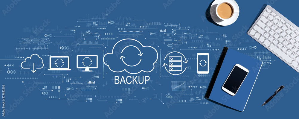 Poster backup concept with a computer keyboard and office items