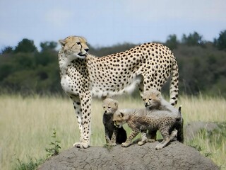 Mother Cheetah With Her Three Adorable Cubs. She is perched atop a mud mound to lookout for predators, so that her babies are kept safe. Wildlife photo was take during a safari in Masai Mara, Kenya.