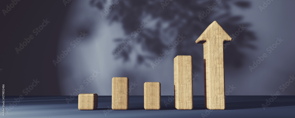 Poster upward bar graph and arrow with tree shadow - 3d render