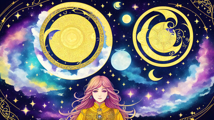beautiful background with moon and clouds and magic cartoon woman for celestial alchemy astrology Generative AI