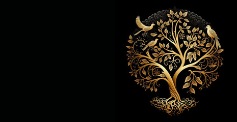 Golden Tree of Life over Black Background Banner Illustration , Sacred Tree Circular Shape, Generative AI