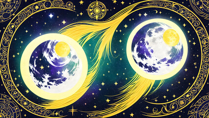 colorful background with two star moons and blue white esoteric symbols clouds Generative AI