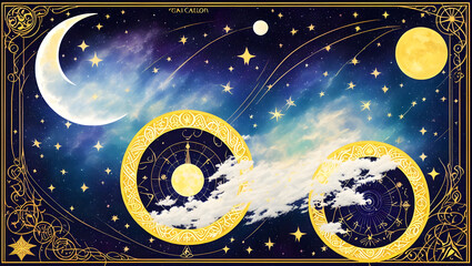 colorful background with blue white esoteric symbols stars and clouds Generative AI
