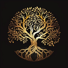 Golden Tree of Life over Black Background Banner Illustration , Sacred Tree Circular Shape, Generative AI