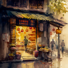 Watercolor painting of a traditional Chinese shop in a bustling quarter, Generative AI
