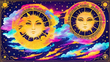 beautiful background with two magical colorful suns for celestial alchemy astrology Generative AI